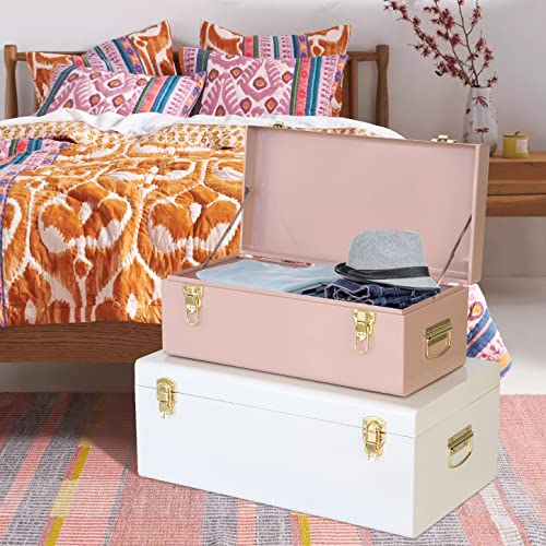 Image of Vixdonos Metal Trunks College Dorm Steel Chests Decorative Storage Box Set of 2 Bedroom Organizer for Home Decor,23.7X14.2X9.5 Inches(Pink and White)