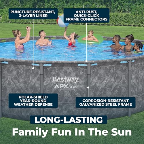 Bestway APX 365 18\' x 52\" Above Ground Pool, Round Metal Frame Outdoor Swimming Pool Set with Sand Filter Pump, Ladder, and Cover, Dark Marble - Thumbnail 4