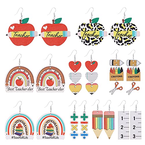Taouzi Teacher Earrings For Women Cute School Wooden Earrings Rainbow Pencil Dangle Earrings School Gifts For Teacher And Students 9 Pairs #TOP9