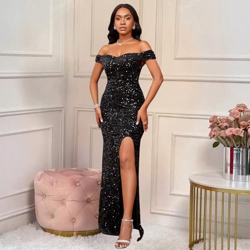 Cololura Women Sexy Elegant Sequin High Split Off Shoulder Mermaid Party Bodycon Formal Evening Gowns Maxi Dress3