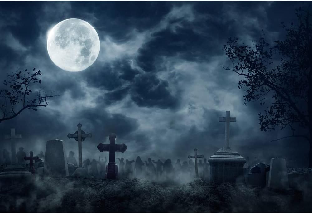 DASHAN 12x8ft Polyester Graveyard Scary Halloween Backdrop for Photography Misty Cemetery Ghost Gloomy Creepy Haunted Forest Background Horrible Witch Wizard Sorcerer Spooky Kids YouTube Photo Props
