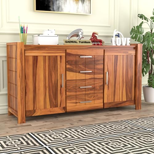 Image of Solid Sheesham Wood Wooden Sideboard Storage Cabinet & Chest of Drawer : Ideal for Living Room and Bedroom with 4 Drawers and 4-Shelf Storage (Chevalier, Honey Finish)