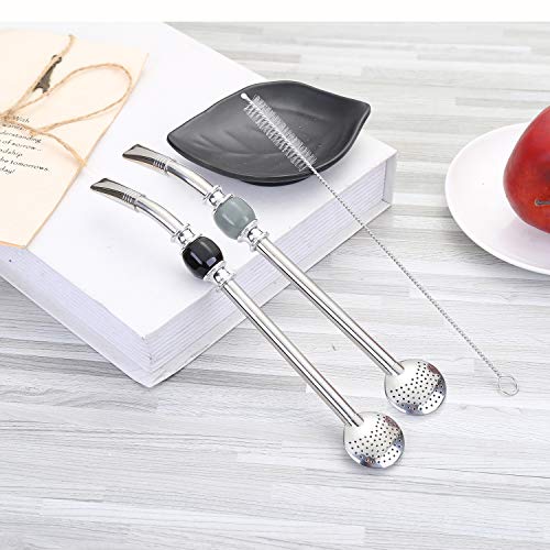 Image of Set of 2 Premium big Yerba Mate stainless steel straws 8.2'' long - Bombillas for Mate gourd drinking,removable head filter, with Cleaning Brush (Gray-Black 2+1)