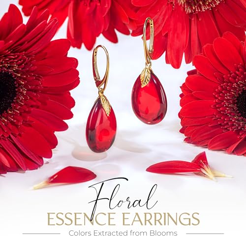 Red Earrings for Women - Gold Plated Silver Leaf Fitting and Closure, Lightweight Edgy Semi-Precious Stone Jewelry for Ladies, Garnet Red Amber Leverback Earrings3