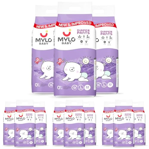 Image of Mylo Baby Diaper Pants Large (L) Size 9-14 kgs (96 count) Leak Proof | Lightweight | Rash Free | Upto 12 Hours Protection | ADL Technology | with Aloe Vera Lotion (32 Count, Pack of 12)