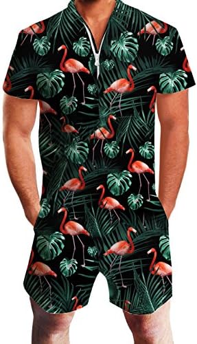 Mens Casual 3D Printed Short Sleeve Rompers Zip Jumpsuit with Pocket S-XXL