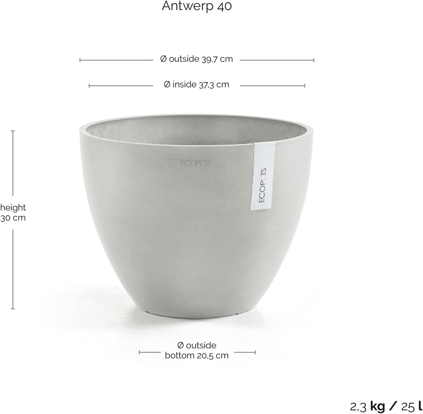 Ecopots Antwerp Durable Modern Round Indoor/Outdoor Recycled-Based Composite Flower Pot Planter, White Grey, 16"