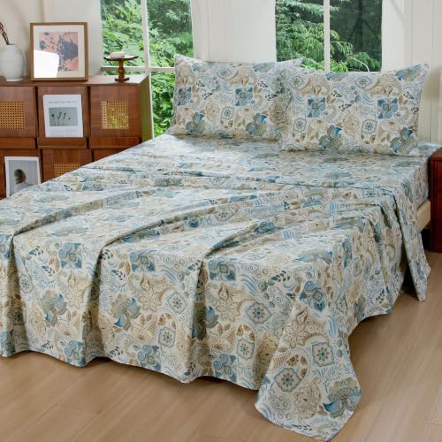 Image of FADFAY King 100% Egyptian Cotton Blue Paisley Sheets Set 4 Piece, Vintage Botanical Cottagecore Floral Bedding, Luxury Soft Breathable Farmhouse Bedding with Deep Pocket Fitted Sheet for All Seasons