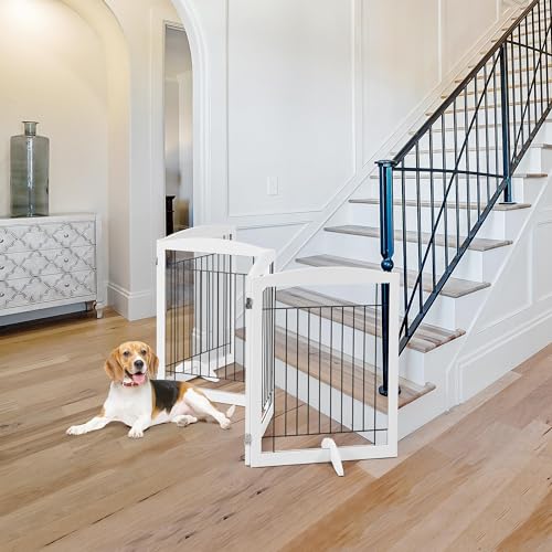 Yaheetech-32-inch-Tall-Dog-Gate-Extra-Wide-Pet-Gate-for-Dogs-Indoor-Foldable-Wire-Wooden-Puppy-Safety-Fence-w2-Support-FeetFreestanding-Dog-Gate-for-The-House-Doorway-StairsWhite4-Panels
