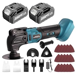 Akku Multifunktionswerkzeug Bürstenloses für 2 PCS 21V 4.0Ah Batterien Multitool,Oszillierwerkzeug 26 PCS Kit mit Zusatzhandgriff zum Schneiden, 6 variable, 22000 U/min (Blau mit zwei 4.0A Batterien)