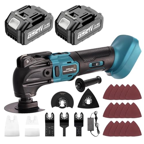YEARTOP Oscillating Multi Tools with 21V 4000mAh Battery, 4° Oscillation Angle 6 Variable Speed Cordless Multi Tool with Saw Quick Change System for Removing Scraping Cutting Brushless Motor/LED Light