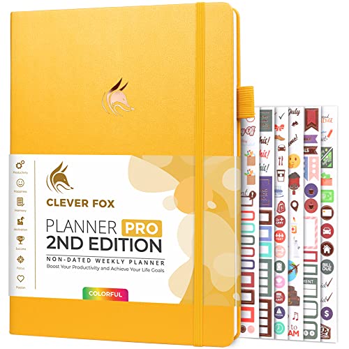 Clever Fox Planner PRO 2nd Edition – Undated Weekly Agenda for Tasks & Time Management – Life Organizer with To-do List, 21.5x28cm (Amber Yellow)