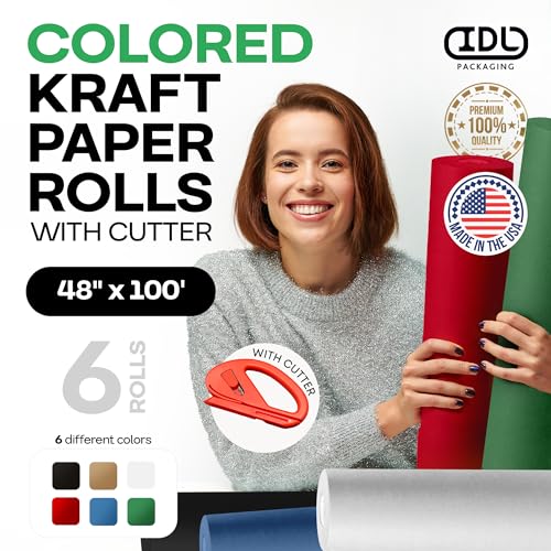 Image of Assorted Colors Kraft Paper with Cutter, Set of 6 Rolls 48 inch x 1200 inch(100 ft) | USA-Made Natural Multi-Color Paper for Gift Wrapping, Kids' Arts & Crafts, School & DIY Projects by IDL Packaging