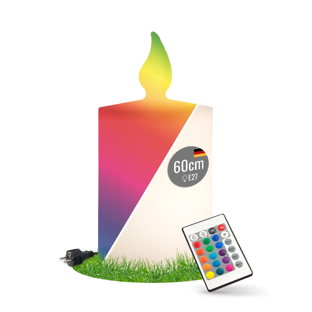 8 seasons design Dekoleuchte Kerze Shining Candle 60 cm (Weiß), E27-Fassung, RGB LED Farbwechsel, dimmbar, mit Fernbedienung - wetterfest – für außen & innen (Weihnachtsbeleuchtung, Dekolicht)