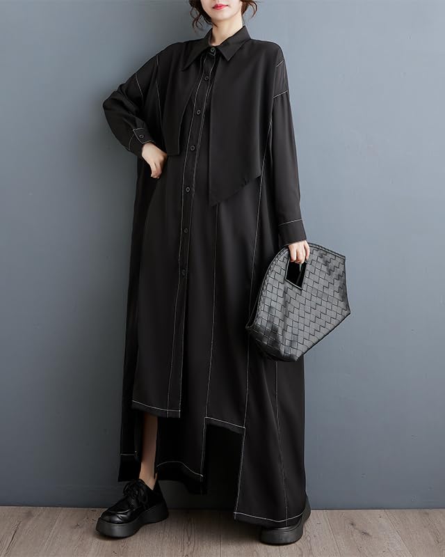 ellazhu Women's Shirt Dress Lapel Button Down Long Sleeve Solid Irregualr Hem GZ602 A3