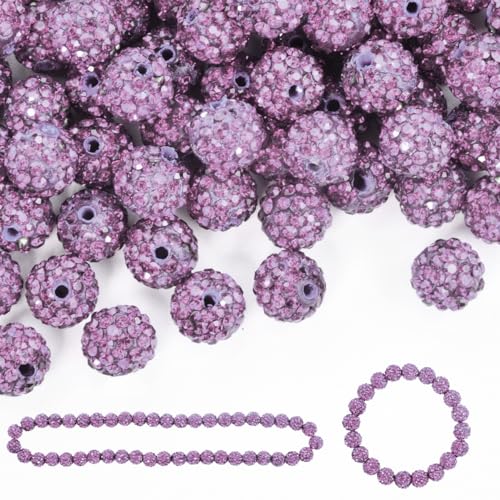 200pcs 10mm Rhinestone Clay Beads for Crafting - Ice Collection Baseball Bling Style, Round Shamballa Disco Ball Design, Fancy Sparkle for DIY Necklace Jewelry Making Christmas Decor (Lavender)