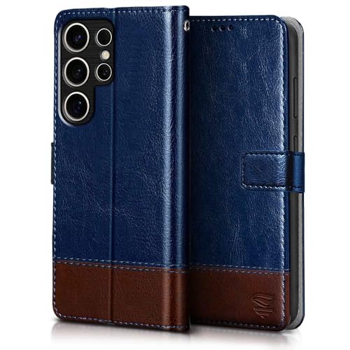 Image of FLIPPED Vegan Leather Flip Case Back Cover for Samsung Galaxy S25 Ultra 5G (Flexible, Shock Proof | Hand Stitched Leather Finish | Card Pockets Wallet & Stand | Blue with Brown)