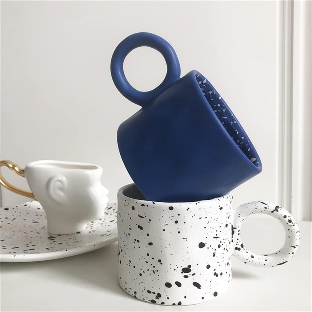 Ceramic Big Earring Coffee Cup Mug Round Handle Hand Pinching White Cups with Dots Wrinkling Milk(Black spot)