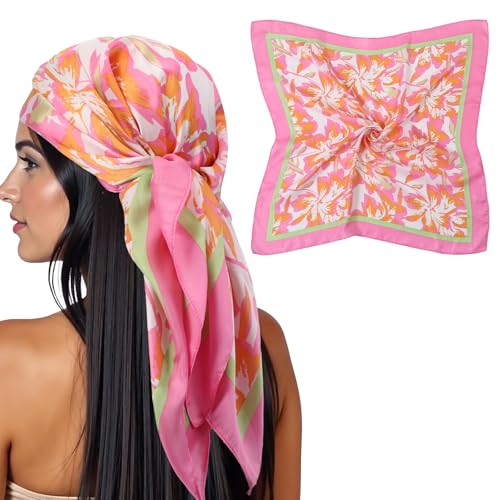 27.5” Square Satin Head Scarf, Pink Silk Feeling Scarf Medium Square Satin Head Neck Scarves for Women Fashion Wrap Neck Scarves for Hair Wrapping and Sleeping at Night