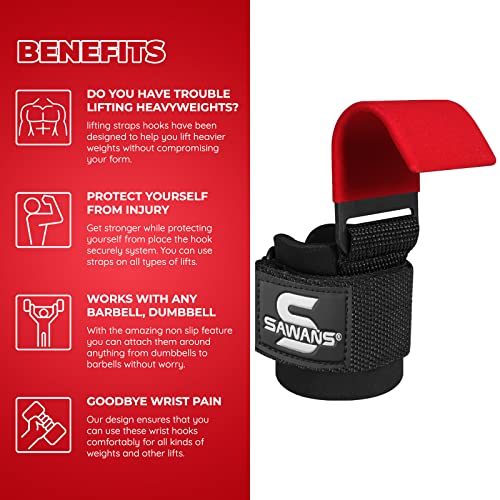 Lifting Hooks Non-Slip Coated Heavy Duty Solid Steel Neoprene Thick Padded Wrist Support Pair of Weight Lifting Gym Straps Deadlifts Chin Pull Up Fitness Bar Grip Strength Training Equipment (Red) - Image 3