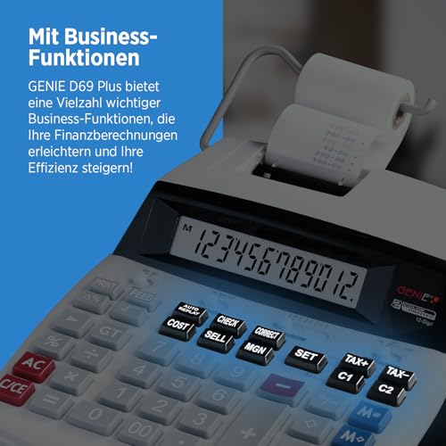 Genie D69 Plus Druckender Tischrechner | 12-stelliges LC-Display | Rechenmaschine mit Papierrolle | Quittung & Bondrucker | Taschenrechner mit Papierrolle | Viele Business-Funktionen | weiß