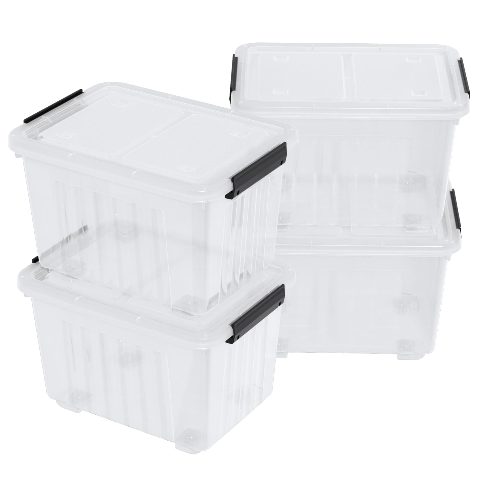Contenedor de almacenamiento apilable de plástico transparente de 30 cuartos con tapa, paquete de 4 cajas de cierre de plástico con ruedas