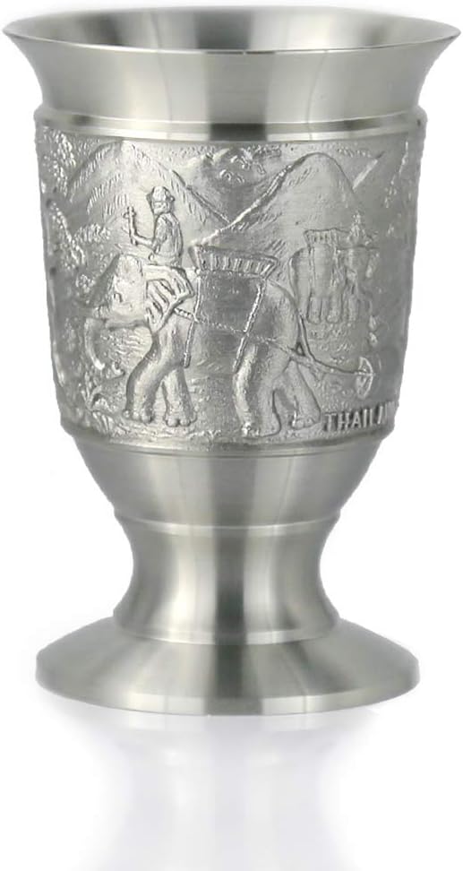 Pewter Baijiu Cup w/ handleless for Spirits (Small) - Pure Tin 97% Lead-Free Pewter Hand Carved Beautiful Embossed with Elephants Handmade in Thailand BB3