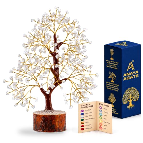 ANAYA AGATE Clear Quartz Crystal Tree of Life, Handmade Gemstone Money Bonsai Tree, Healing Crystals for Positive Energy, Good Luck, Home Office Decor, Christmas Birthday Gifts for Women Mom