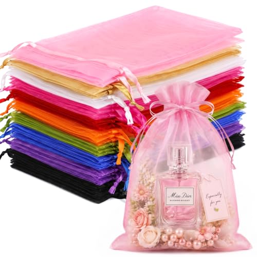 Image of FUNFERY 100PCS Mix Color Organza Bags 4x6 in, Drawstring Pouch for Jewelry | Small Mesh Gift Bag with Drawstring, Little Mesh Goodie Bags for Wedding Party Favor Treats, Sachet Bag for Gifts Shower