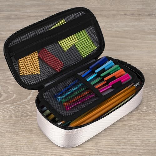 Image of Five Star Pencil Pouch Zipper High-Capacity Storage Organizer Case for Office Supplies Earbuds Chargers Cables Makeup, Tan /Blue (500212A)