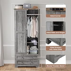 Brafab armoire wardrobe closet with 2 modern doors 71 tall freestanding closet wardrobe cabinet with drawers and hanging rail wooden storage cabinet with shelve for bedroom kids room grey  urban country home decor