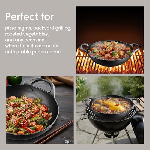 image for BAKKENMASTER Bakken Pre-Seasoned Cast Iron Wok with Wooden Lid, 14