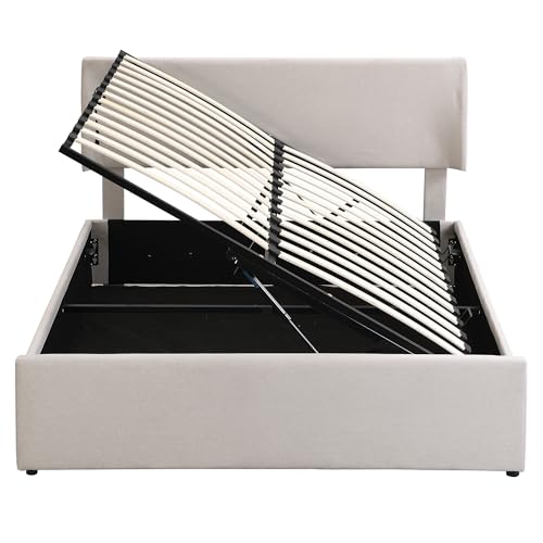 Lifeand Queen Size Sleigh Bed with Side-Tilt Hydraulic Storage System, Linen Upholstery, Beige