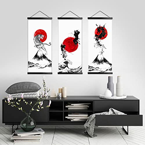 Mboufoey Japanese Samurai Canvas Print Hanging Poster Original Art Dragon And Tiger Warrior Painting Wood Framed Ready To Hang Artwork For Wall Living Room Bedroom Karate Hall Sushi Restaurant Home Decorations (Black,40X90Cm 3Pcs) #TOP3