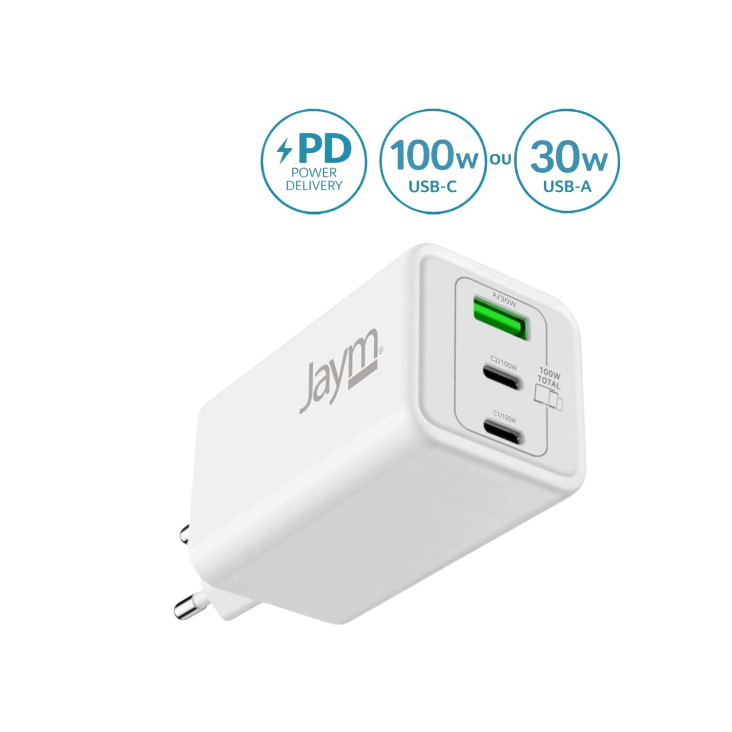 JAYM® GaN - Set di caricabatterie da 100 W + cavo USB-C da 2 m a 3 porte (2 USB-C, 1 USB-A), ricarica rapida PD per MacBook Pro, PC portatile, iPad Pro M4, iPhone 17/16, Samsung S26/S25
