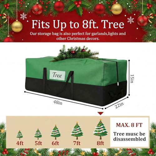 Image of Christmas Tree Storage Bag, Fits 8 Ft Artificial Trees, Green | Wide Dual-Zipper Opening, Reinforced Handles, Clear Label Pocket, Tear-Resistant 600D Oxford, Dust and Moisture Protection