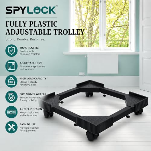 Image of Adjustable Plastic Appliance Trolley - 17-24 Inch Base, Heavy Duty 360 Wheel Stand for Top Load Washing Machines up to 6.5 KG, Single Door Refrigerators Dishwashers, 210 KG Capacity