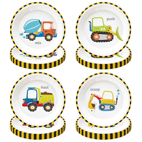KFJBPB 48 Pack Construction Paper Plates 7 inch Construction Birthday Party Plates Disposable Cake Plate Dessert Plates Dinner Plates for Kids Boys Birthday Party Supplies