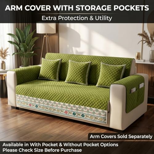 Image of KINGLY Sofa Cover 4 Seater Fully Covered | Stretchable Anti-Slip Slipcover | Washable Furniture Protector | Olive Green | Set of 2 | Seat & Back |