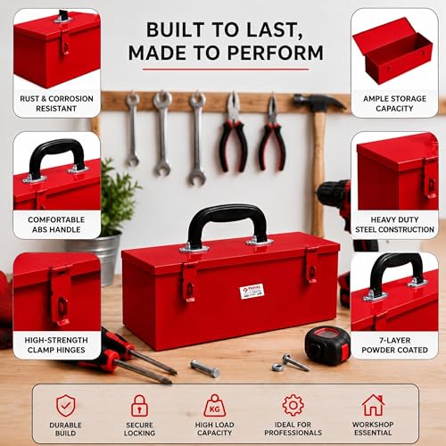Image of PAHAL Metal Tool Box 16 x 5 x 5.5 Inch, Heavy Duty Steel Tool Storage Box for Mechanic, Electrician & Home Use (Red, Portable, Empty)