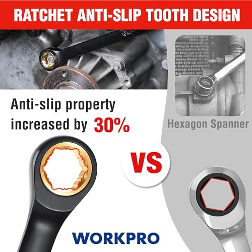 Image of WORKPRO Extra Long Ratcheting Wrench Set, 9-Piece Anti-Slip Double Box Wrenches Set, SAE 5 /16-3 /4 in, 72-Teeth, Cr-V Steel and Black Electrophoretic Coating Wrenches with Rolling Pouch
