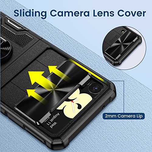 Vego For Galaxy Z Flip 3 Case With Slide Camera Cover, Hinge Protection Case With 360°Rotate Ring Magnetic Kickstand Military Heavy Duty Protective Armor Case For Samsung Galaxy Z Flip 3 5G - Black #TOP2