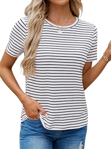 LilyCoco Women's Short Sleeve Striped Shirt Summer Crewneck T Shirt Basic Tops3