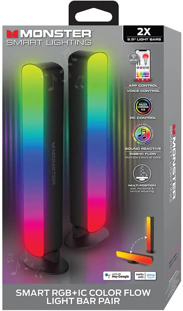 Monster Smart LED Light Bars 2 Pack, RGB+IC Multi-Color Razor Chroma TV & Gaming Wi-Fi Light Bars, Dimmable, Sound Reactive, Multi Position, App & Voice Control, Works with Alexa, Google Home, Siri