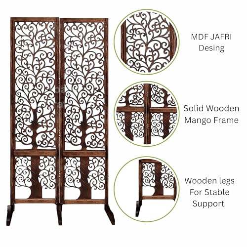 Image of Wooden Room Partition /Screen /Room Divider /Room Separator Traditional Handicrafts 6Ft (Dark Brown) (Tree 2 Panel with Stands)
