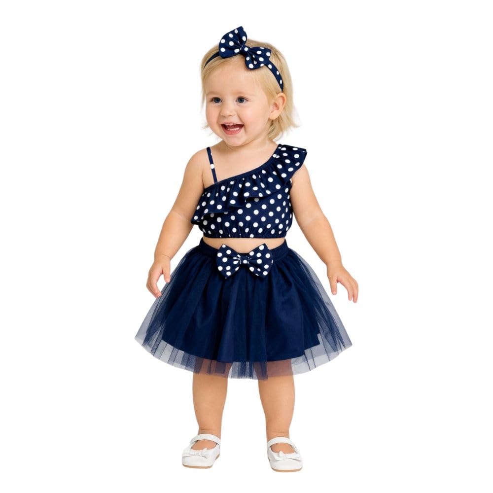 Baby Girls One Shoulder Printed Crop Top with Skirt & Matching Headband Set | 3 Piece Outfit Set for Kids-image-28