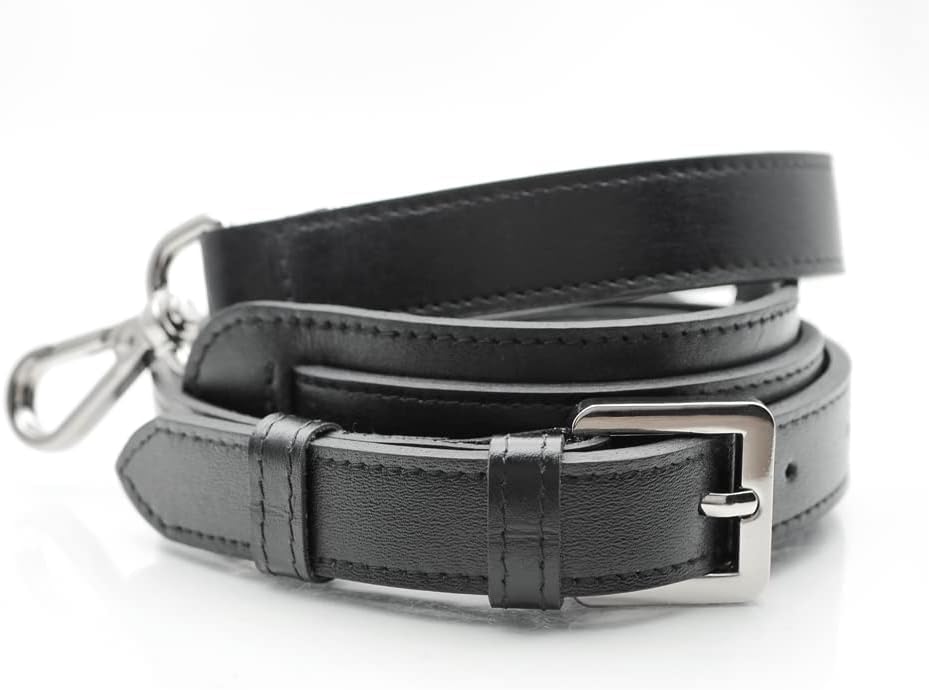 CRAFTMEMORE Bag Handle Replacement Genuine Leather Adjustable Purse Strap with Support Pad for Handbag Briefcase GL025s (Black, Silver Clasp)