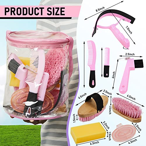 Cunhill 9 Pcs Horse Grooming Kit Tack Room Supplies Set with Tote Bag, Oval Massage Curry, Hard and Soft Brush, Hoof Pick, Sweat Scraper, Bathing Sponge, Comb for Horse Rider(Cute,Pink) - Image 2
