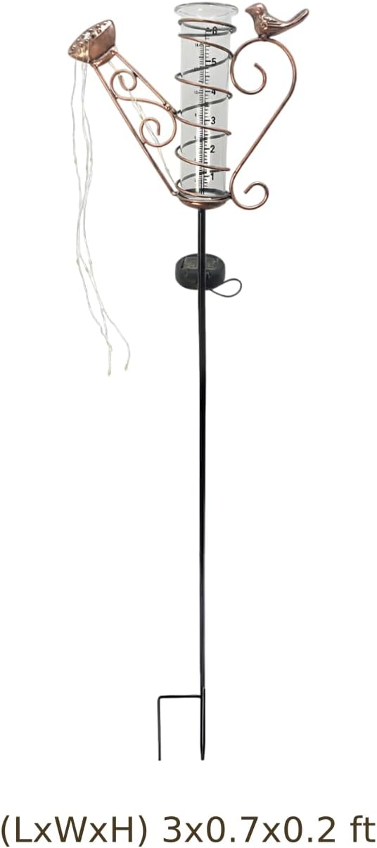 Patio Yard Decor Statue, Iron Kettle Rain Gauge with Bird Accent, Solar Watering Can Lights, Rustproof Metal, 6 in Glass Tube, Easy Install, 36 X 8.5 X 2 in