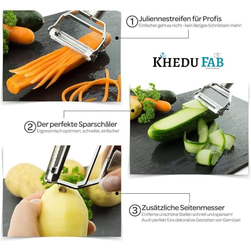 Image of Khedu Fab 2-in-1 Stainless Steel Vegetable & Fruit Peeler - Julienne & Serrated Blades - Double-Edged Swivel Design for Bidirectional Peeling - Ergonomic Handle - Dishwasher Safe (Pack of 1)